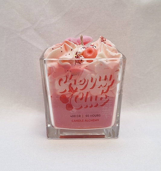 Pink and white cherry whipped soy candle in a glass jar with decorative toppings, handmade, perfect for romantic gifts, self-care.